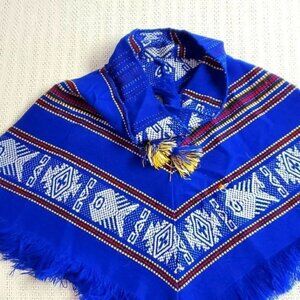 Tejidos Diaz Vintage Sz. XS Colorful Aztec 90% Wool Shawl Poncho